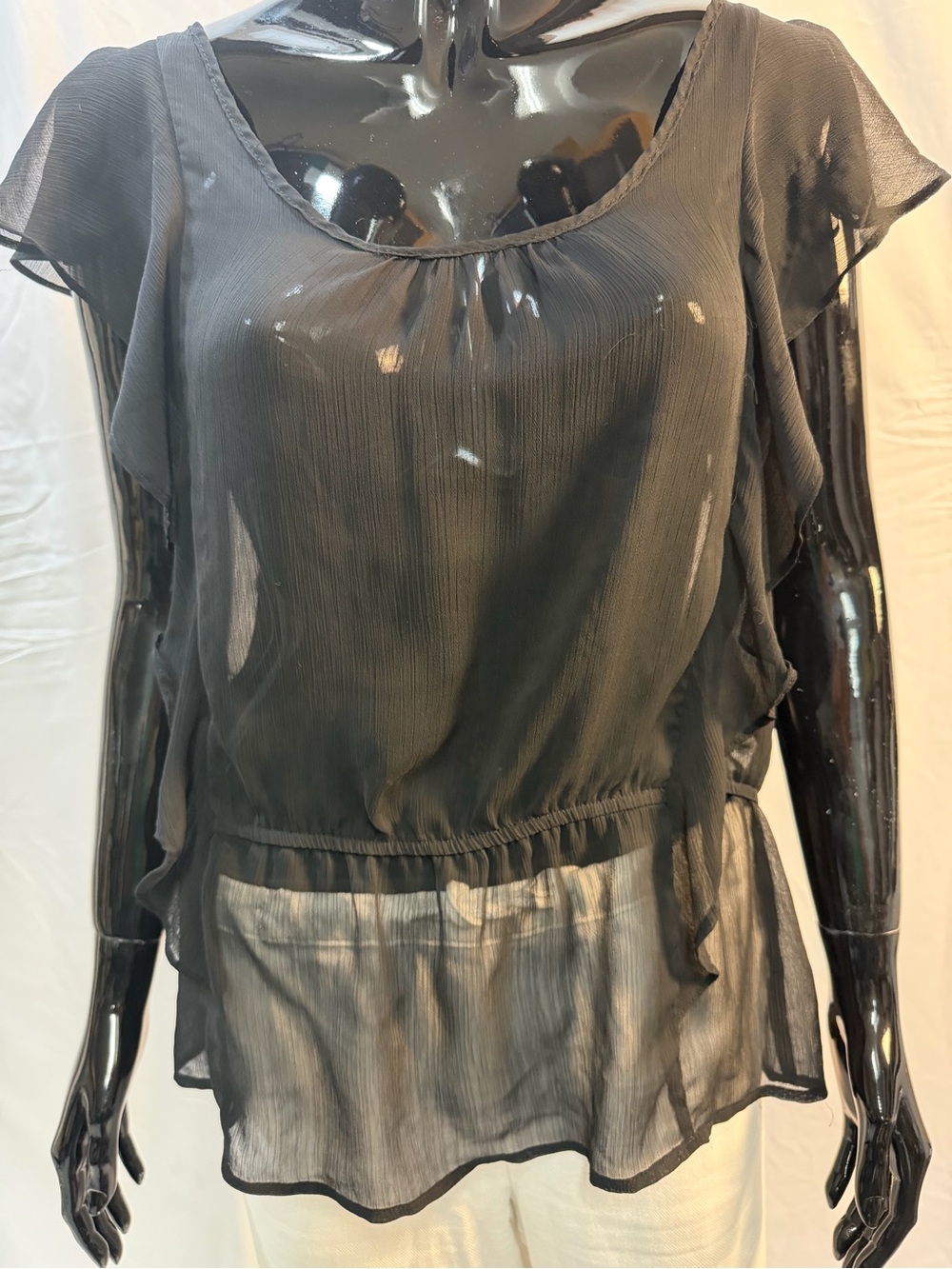 Miley Cyrus Max Azria Black Sheer Flutter Sleeve Peplum Blouse XL
